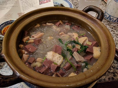 Food: 1) salt-water duck; 2) mix veggies; 3) duck blood with vermicelli